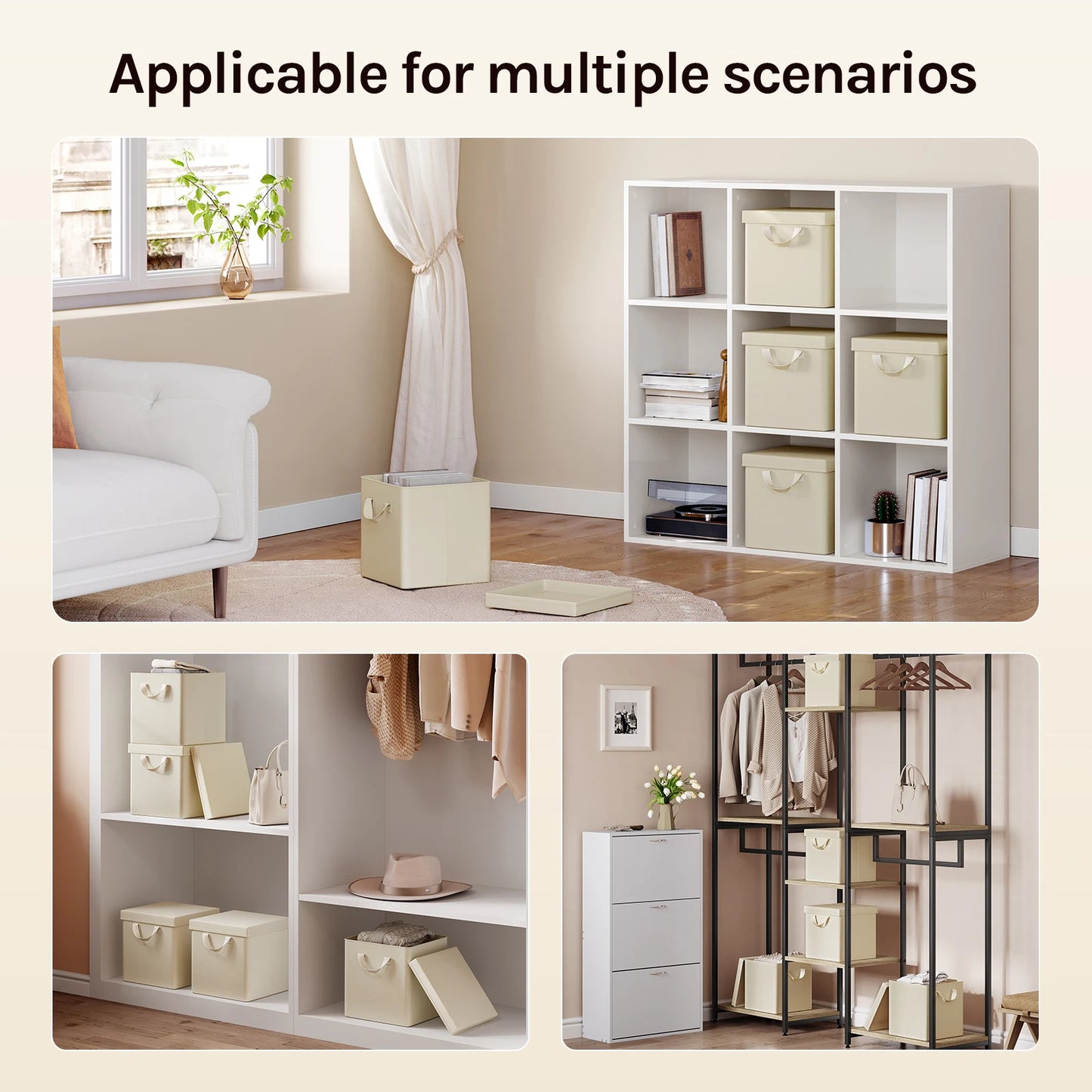 White storage shelves with beige bins in a living room setting, applicable for multiple scenarios.