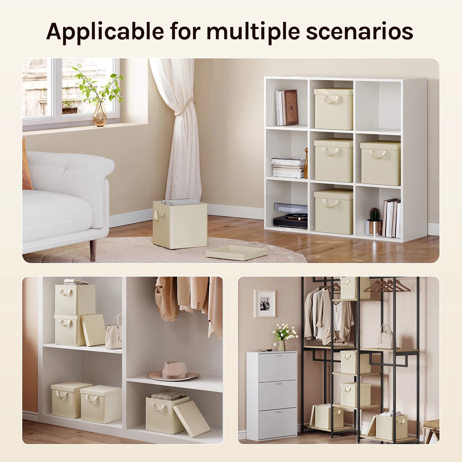 White storage shelves with beige bins in a living room setting, applicable for multiple scenarios.