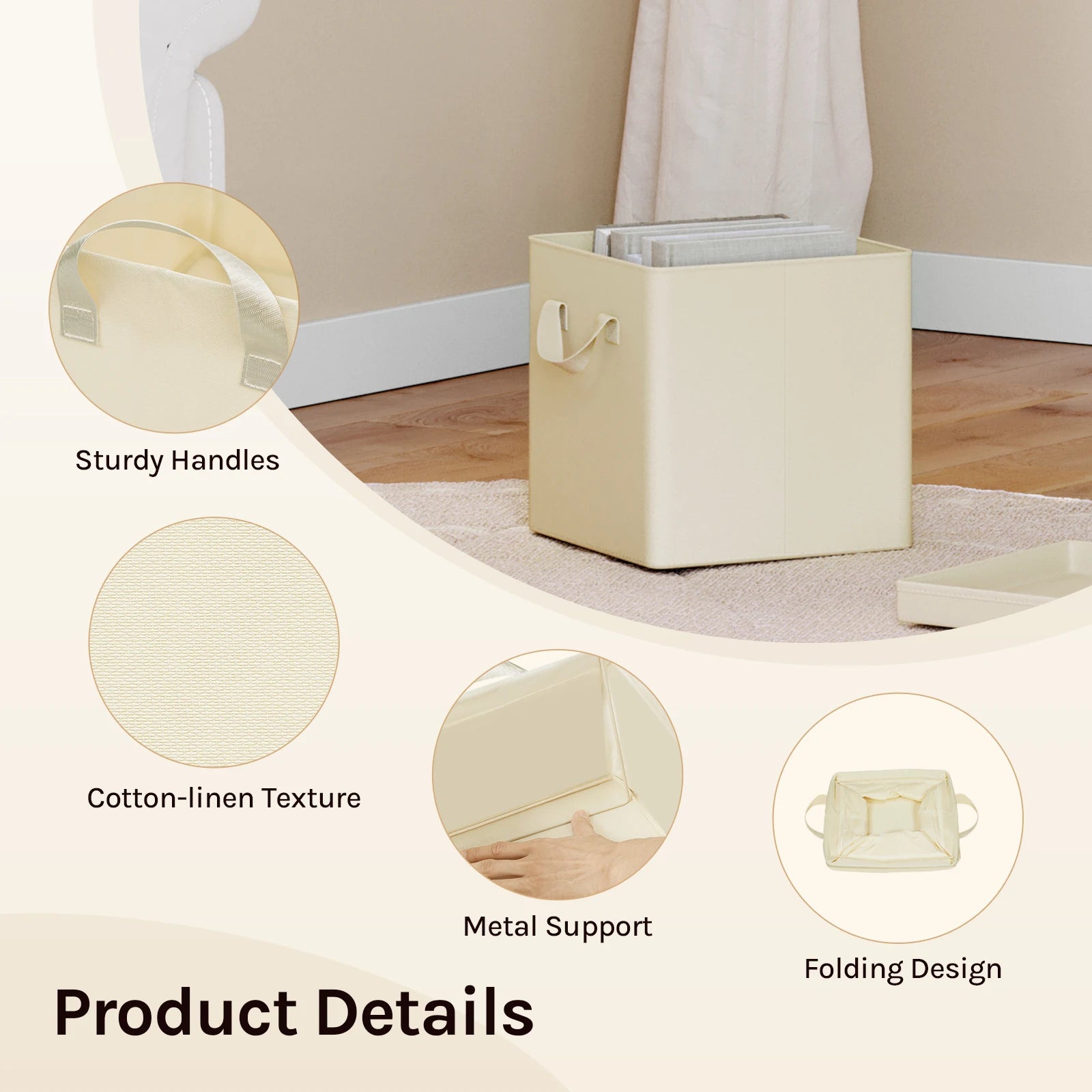 Beige laundry basket with features highlighted on a neutral background