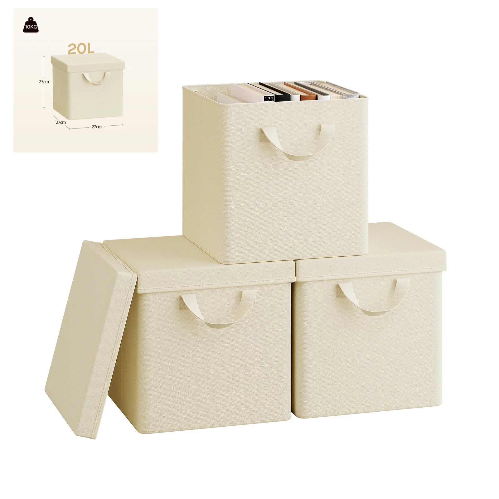 Set of beige storage boxes with lids on a white background