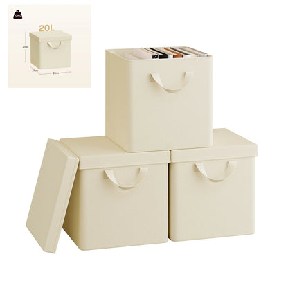 Set of beige storage boxes with lids on a white background