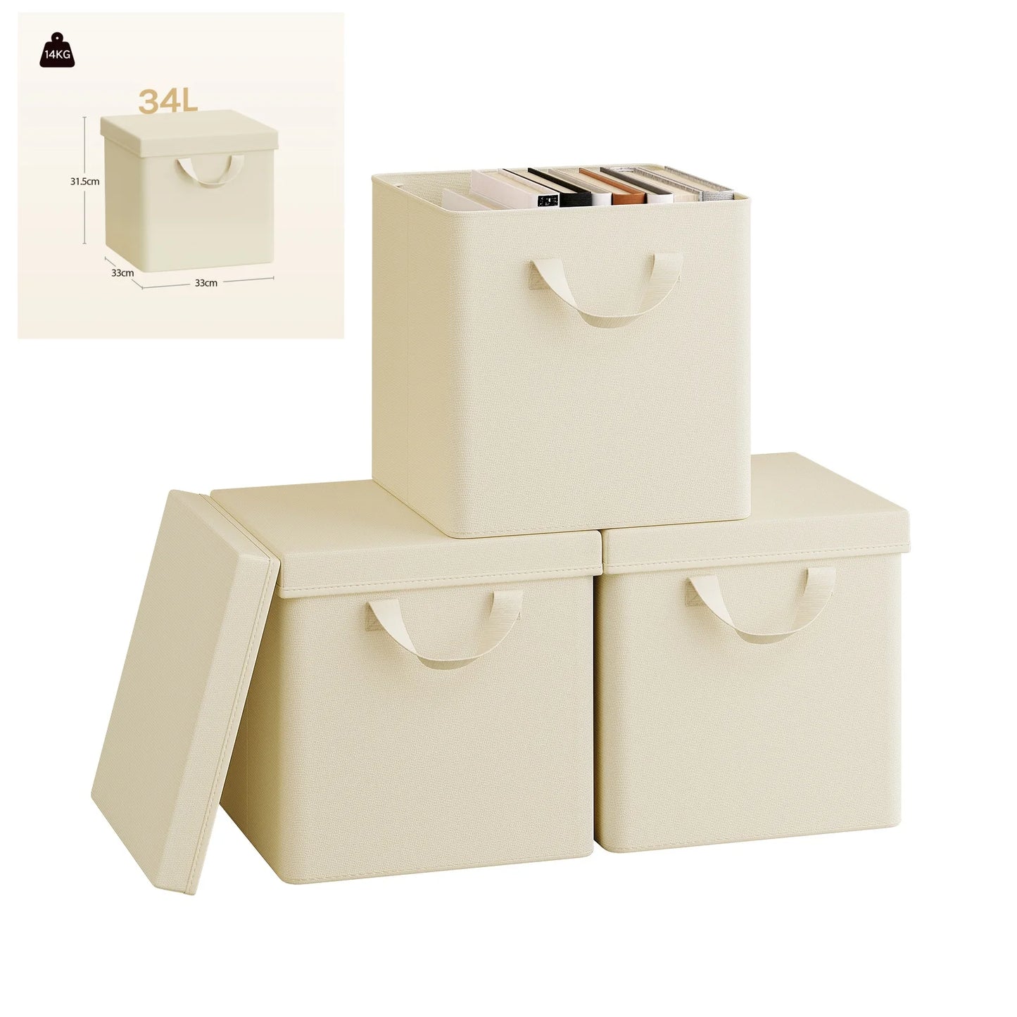 Set of beige storage boxes with lids on a white background