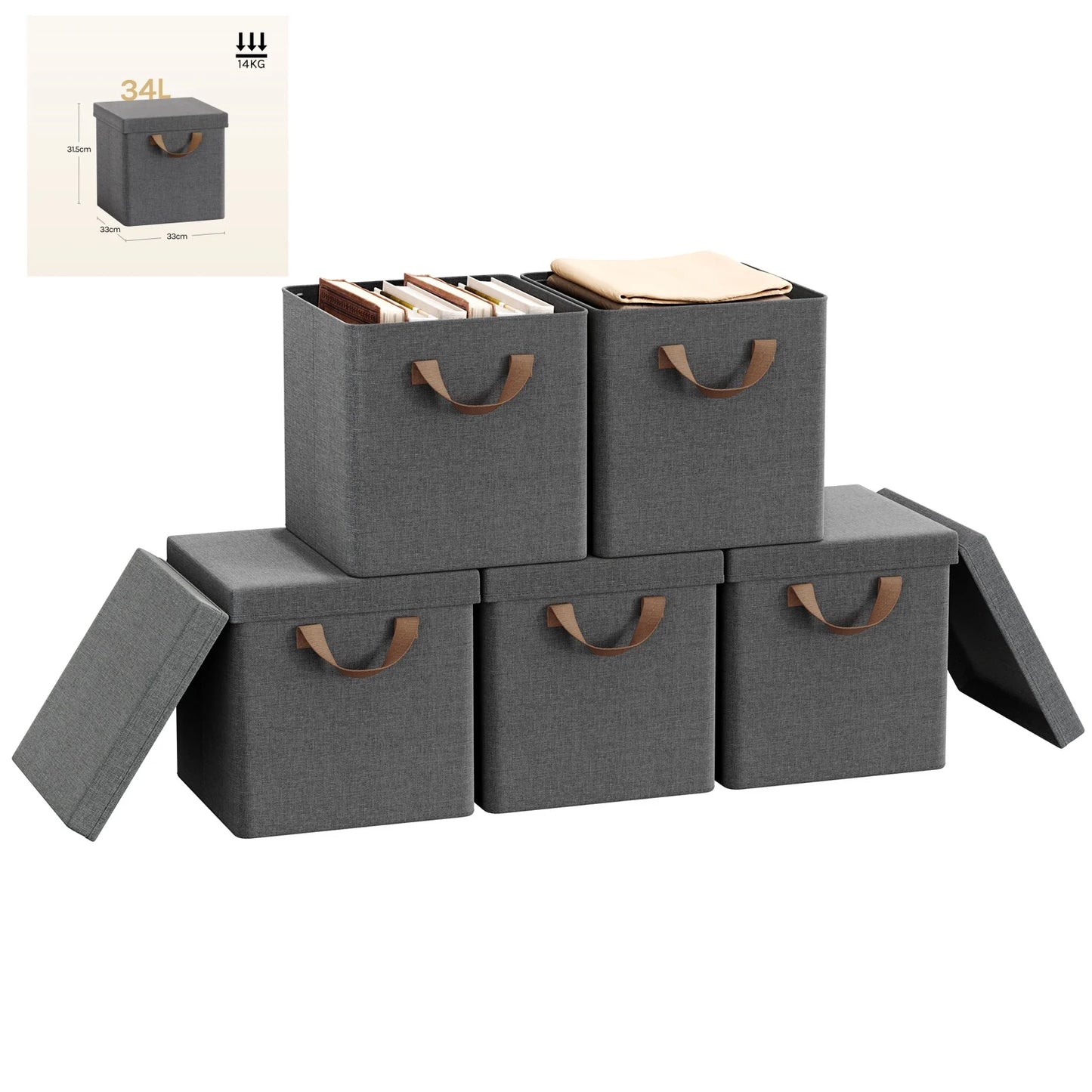 Set of gray storage boxes with brown handles on a white background