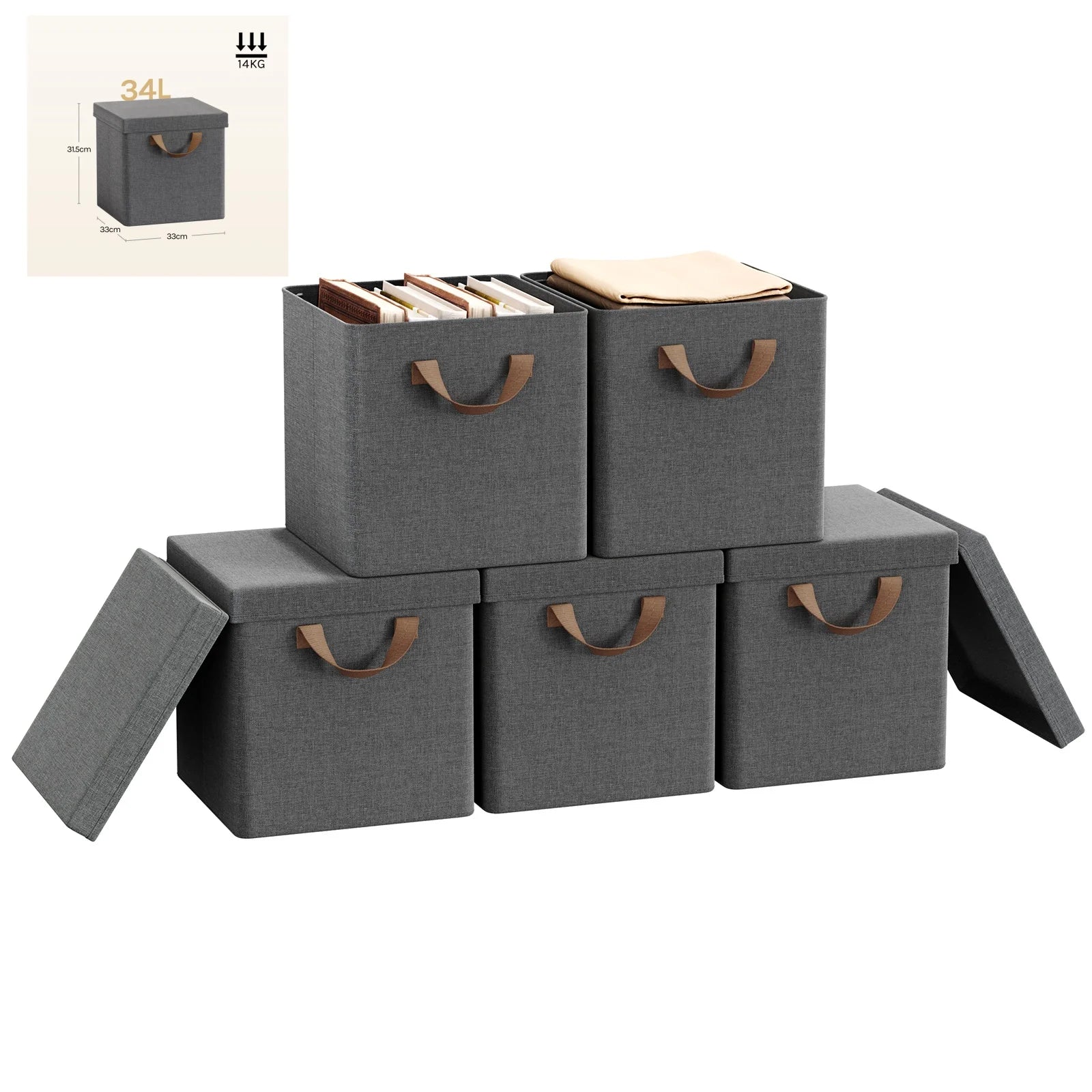 Set of gray storage boxes with brown handles on a white background