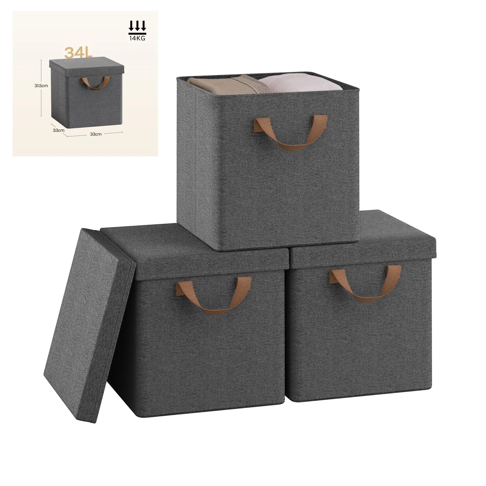 Set of gray storage boxes with brown handles on a white background