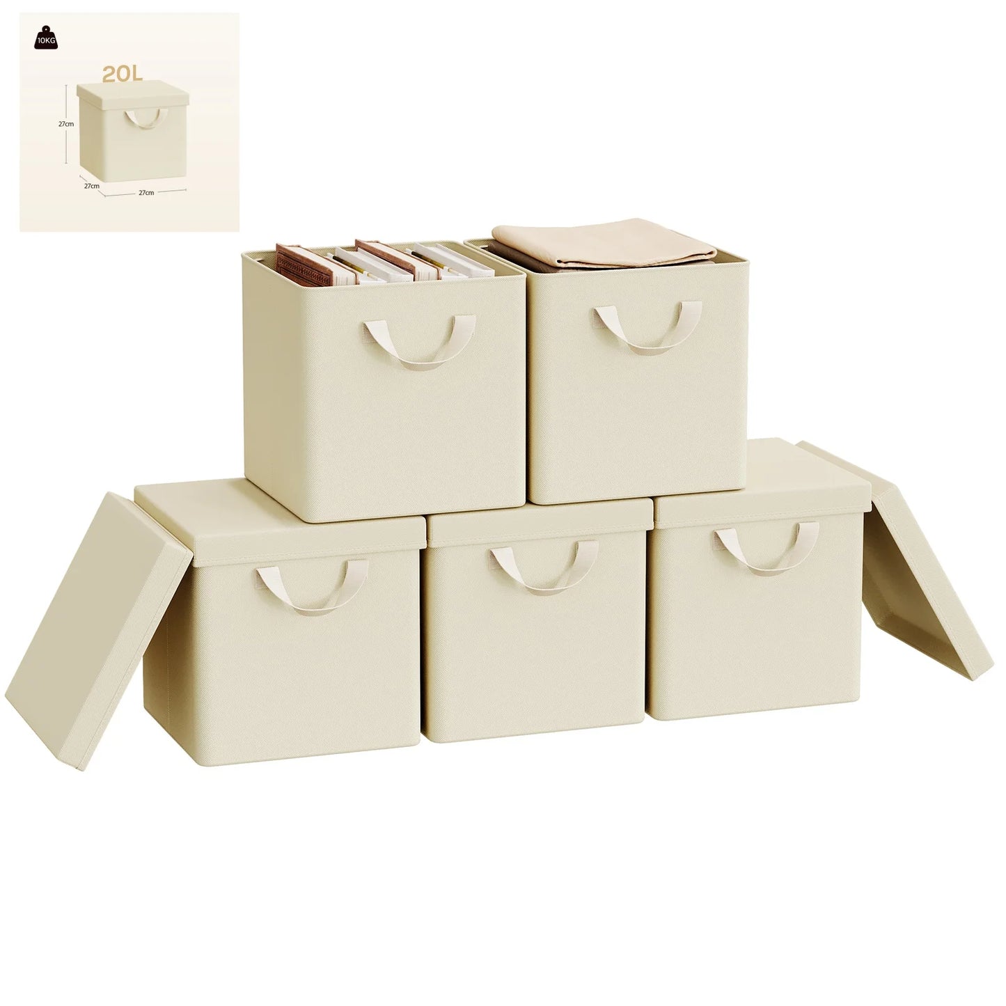 Set of beige storage boxes with lids on a white background