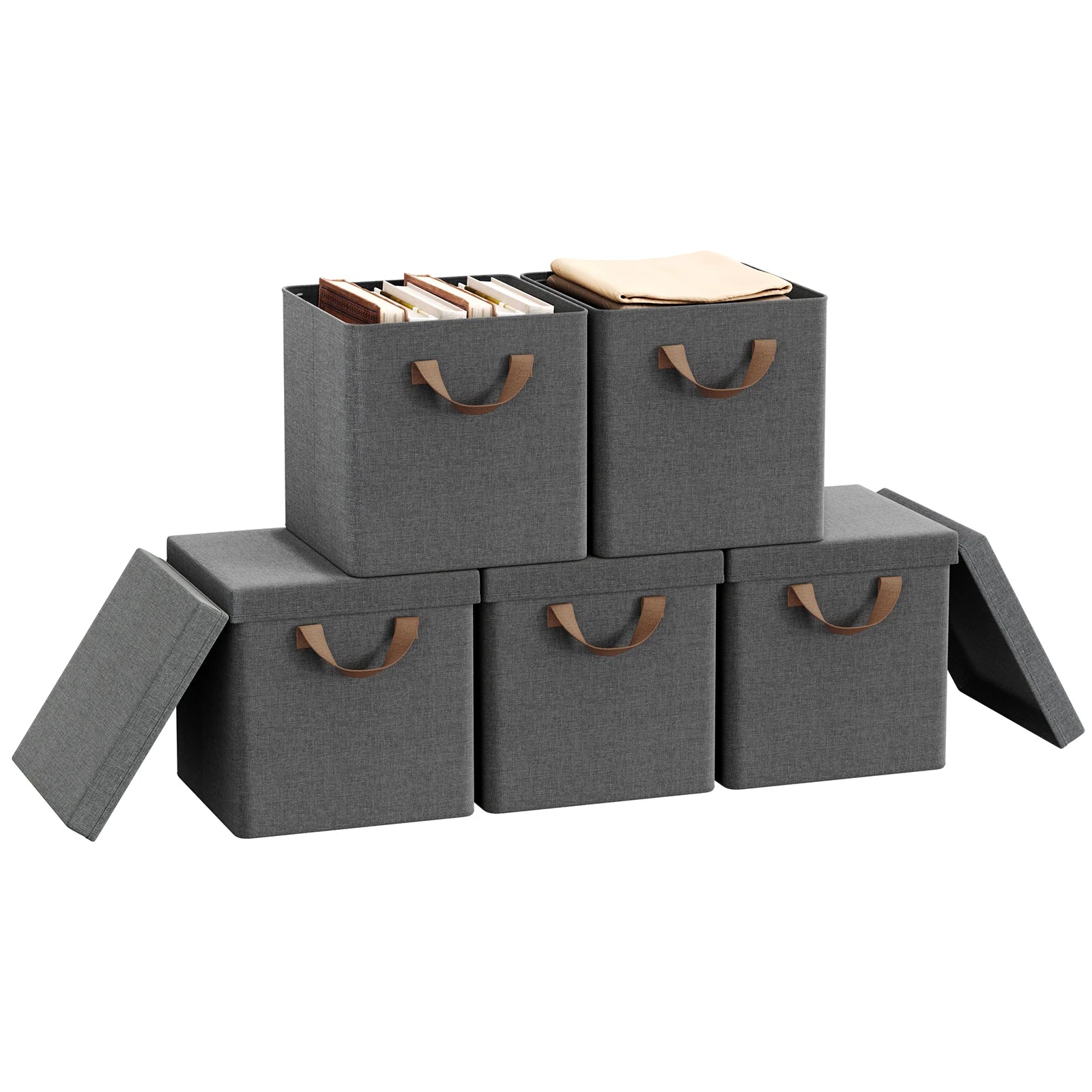 Set of gray storage boxes with brown handles on a white background
