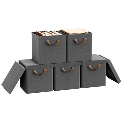 Set of gray storage boxes with brown handles on a white background