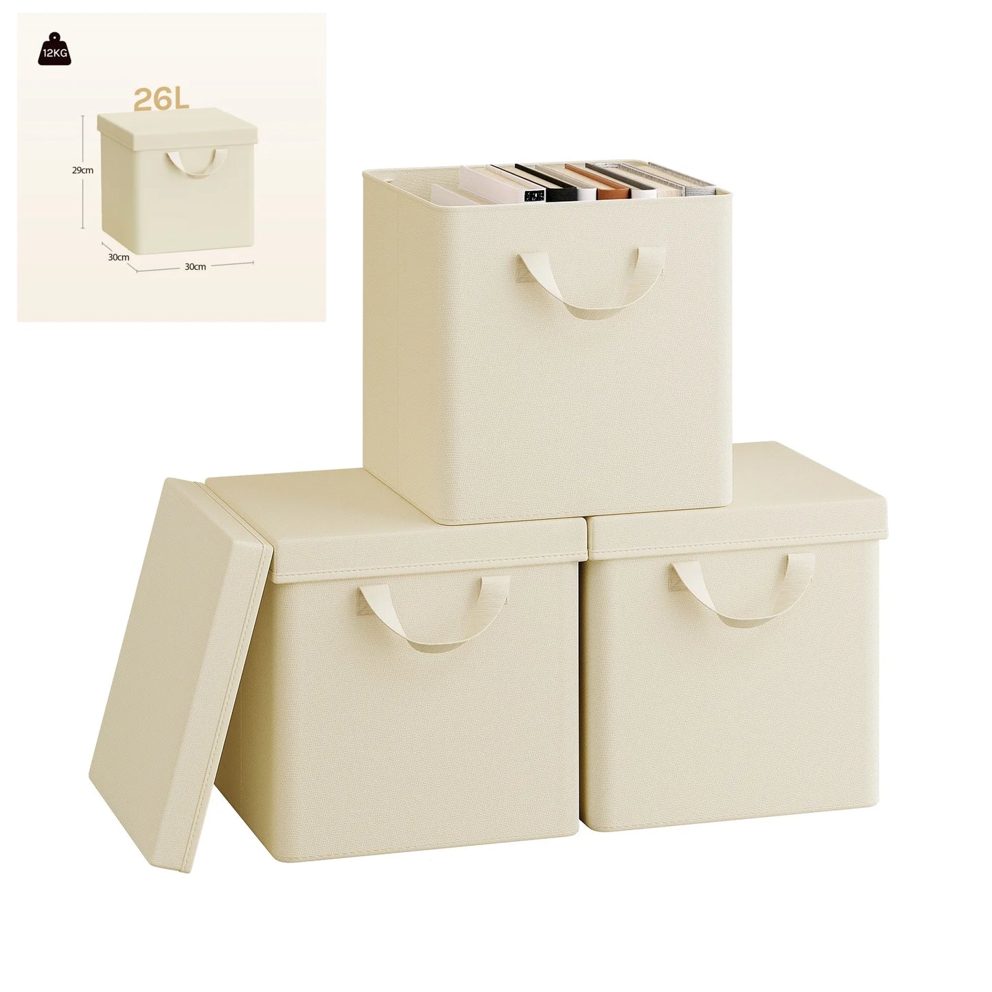 Set of three beige storage boxes with handles on a white background