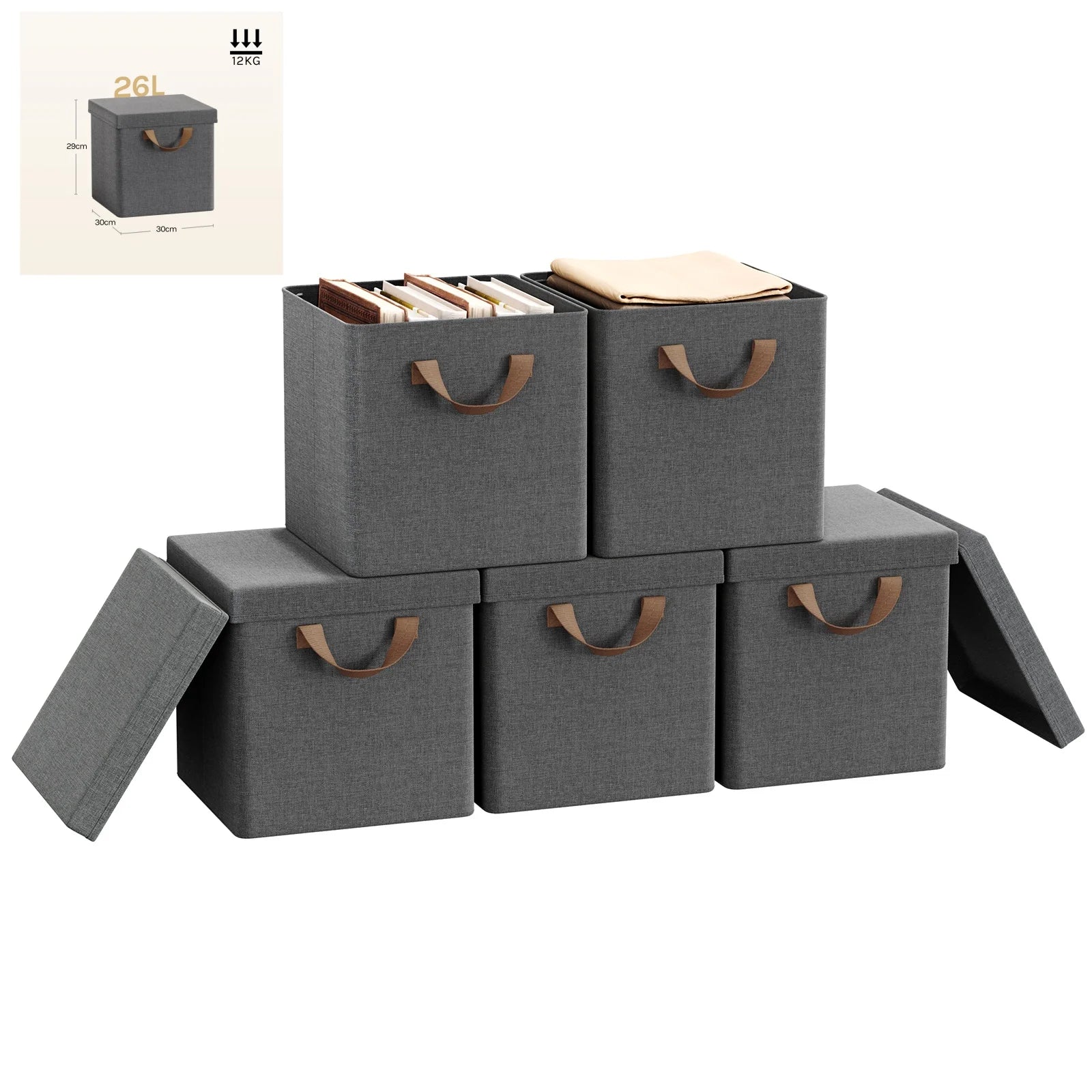 Set of gray storage boxes with brown handles on a white background