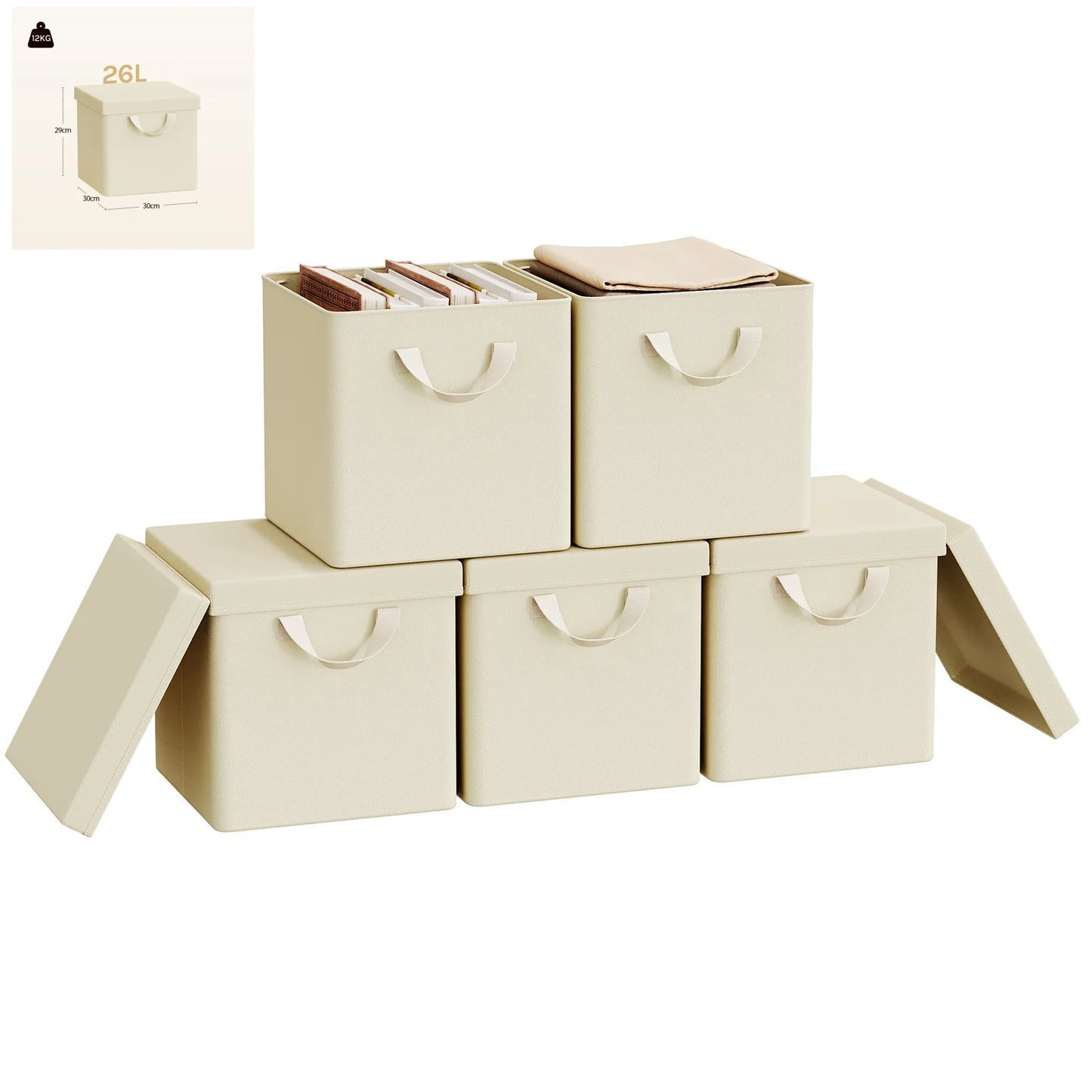 Set of beige storage boxes with lids on a white background