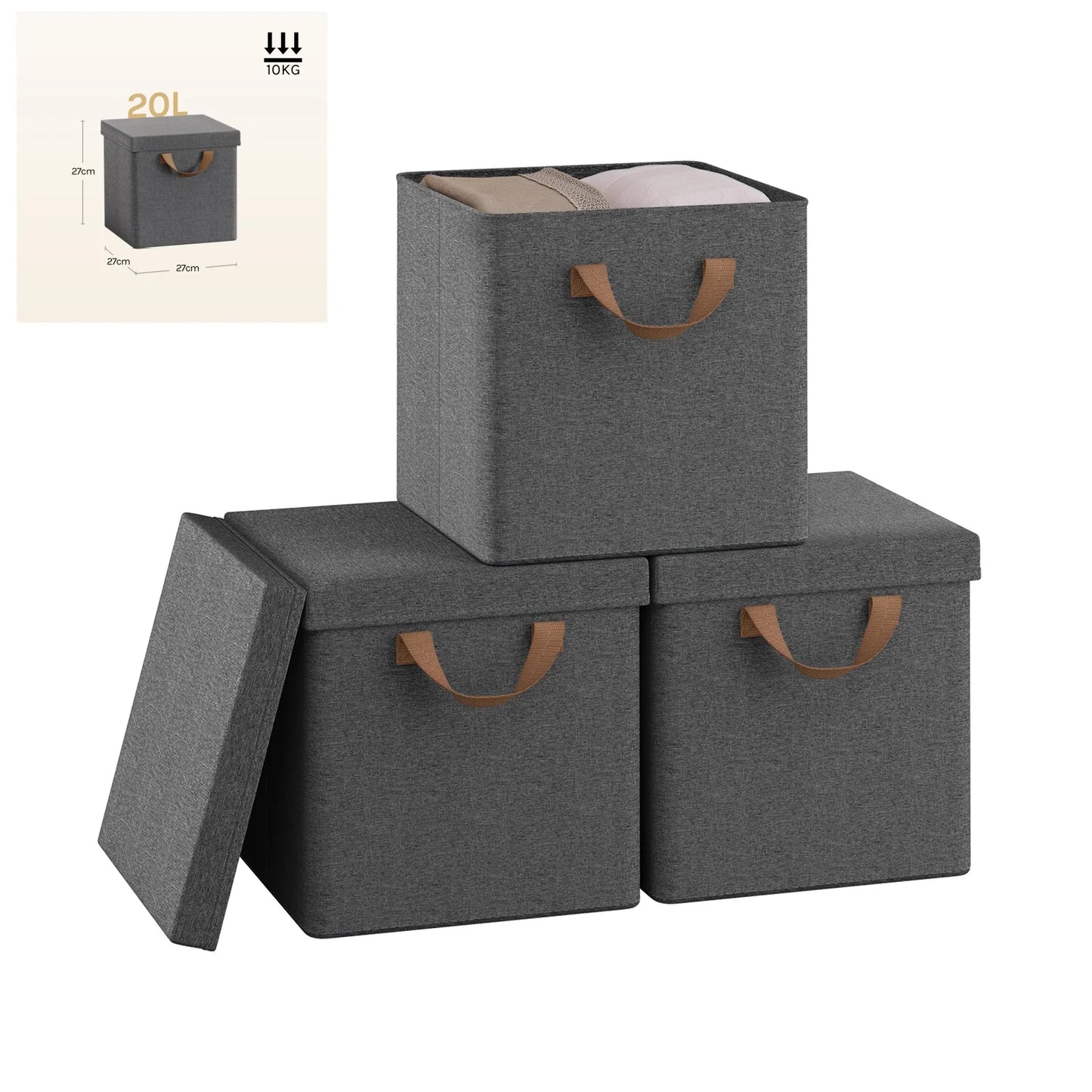 Set of three gray storage boxes with brown handles on a white background