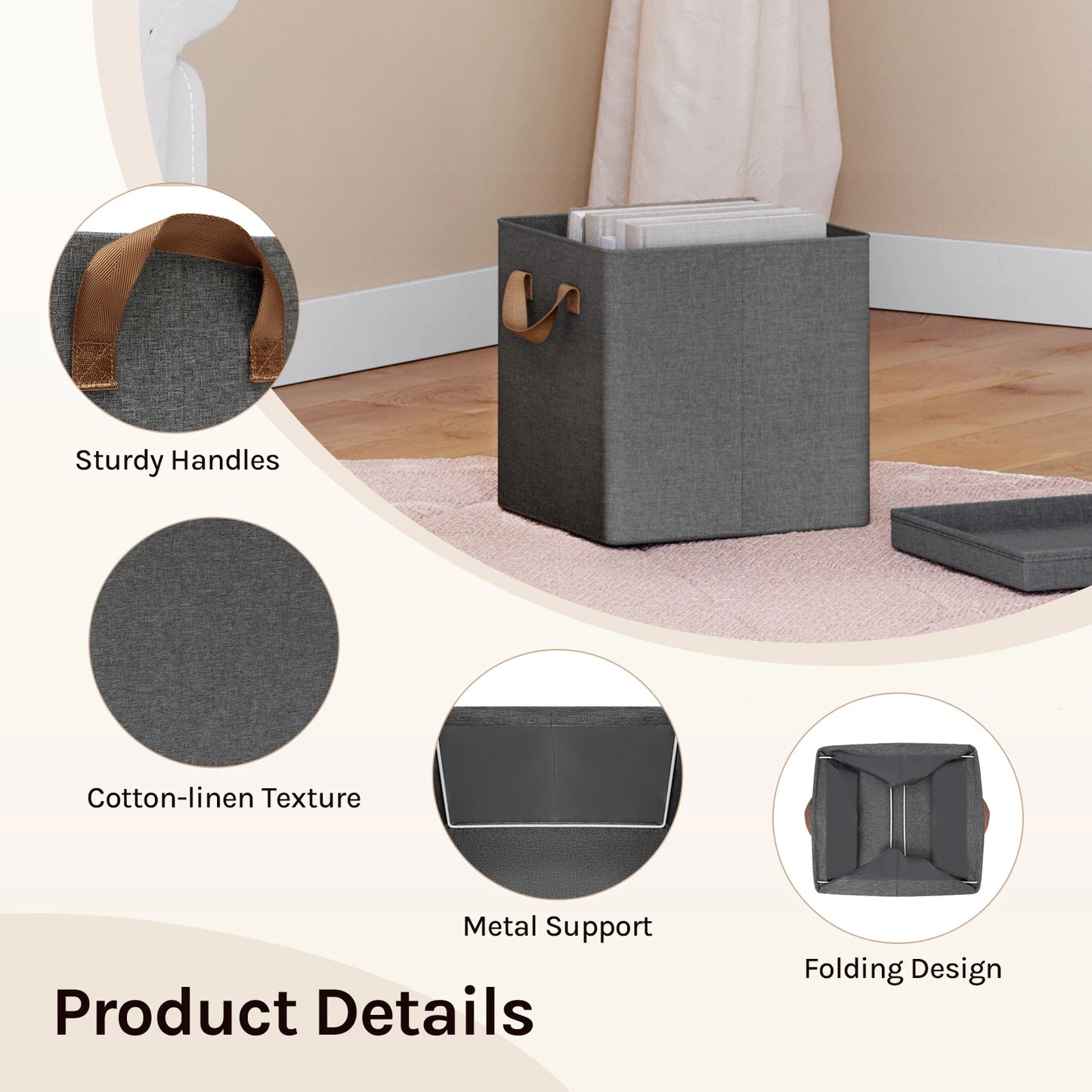 Gray storage basket with features highlighted on a neutral background