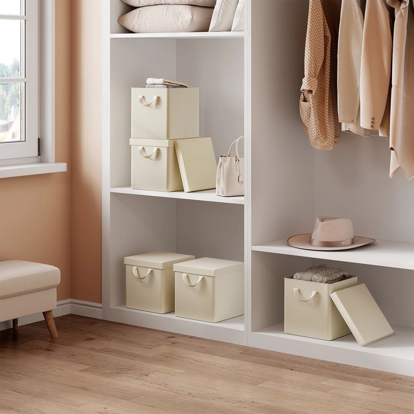 Closet with shelves containing storage boxes, bags, and clothing.