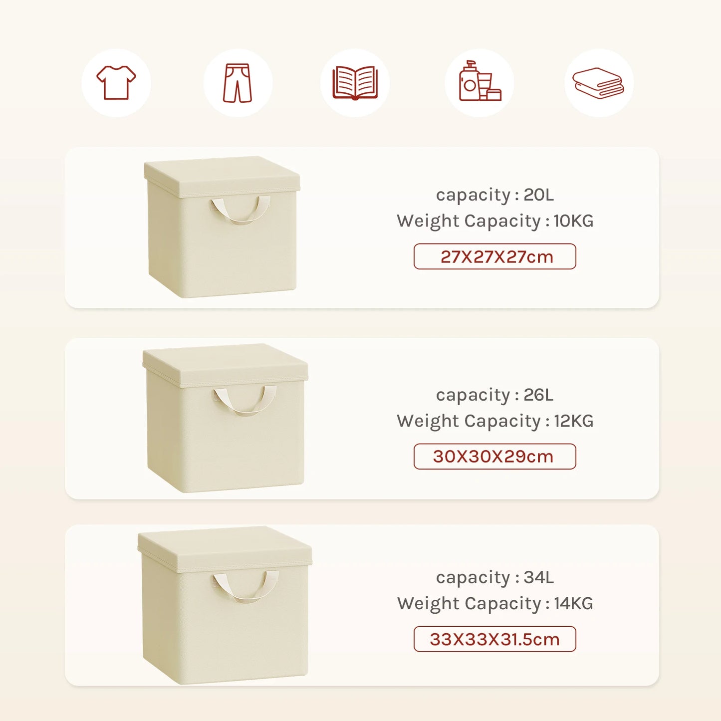 Three beige storage boxes with dimensions and capacity details on a light beige background.