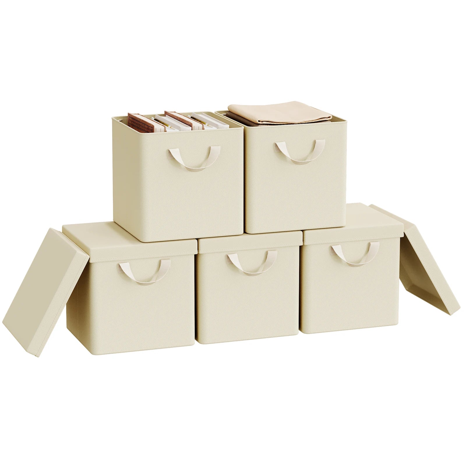 Set of beige storage boxes with lids on a white background