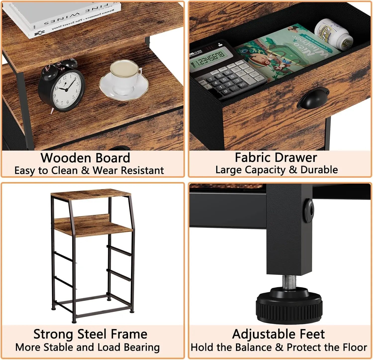 Collage of a wooden desk with features highlighted, including a wooden board, fabric drawer, strong steel frame, and adjustable feet.