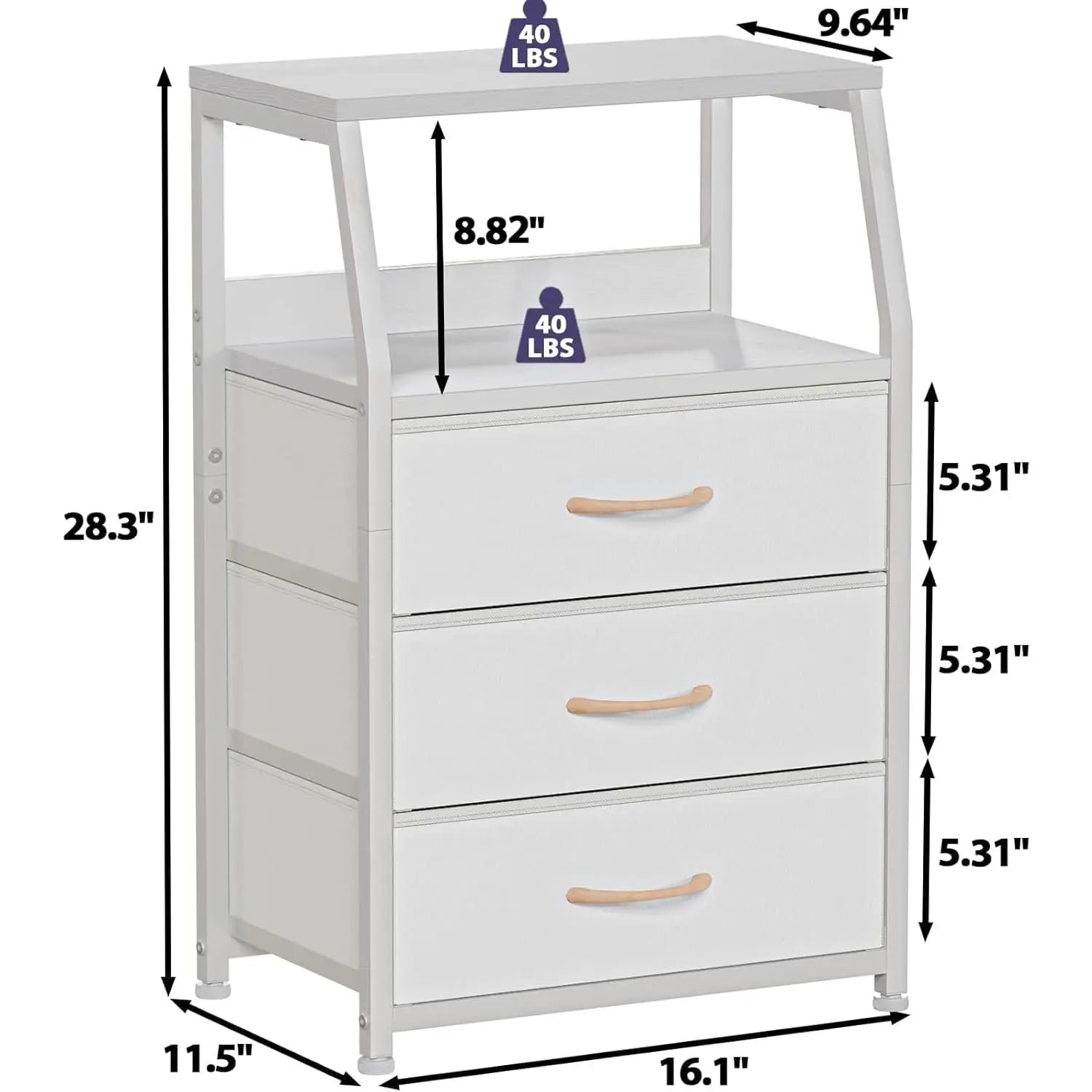 White dresser with three drawers and dimensions labeled on a white background