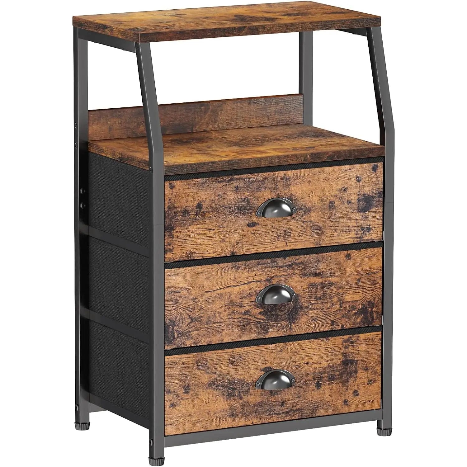 Wooden nightstand with metal frame and three drawers on a white background