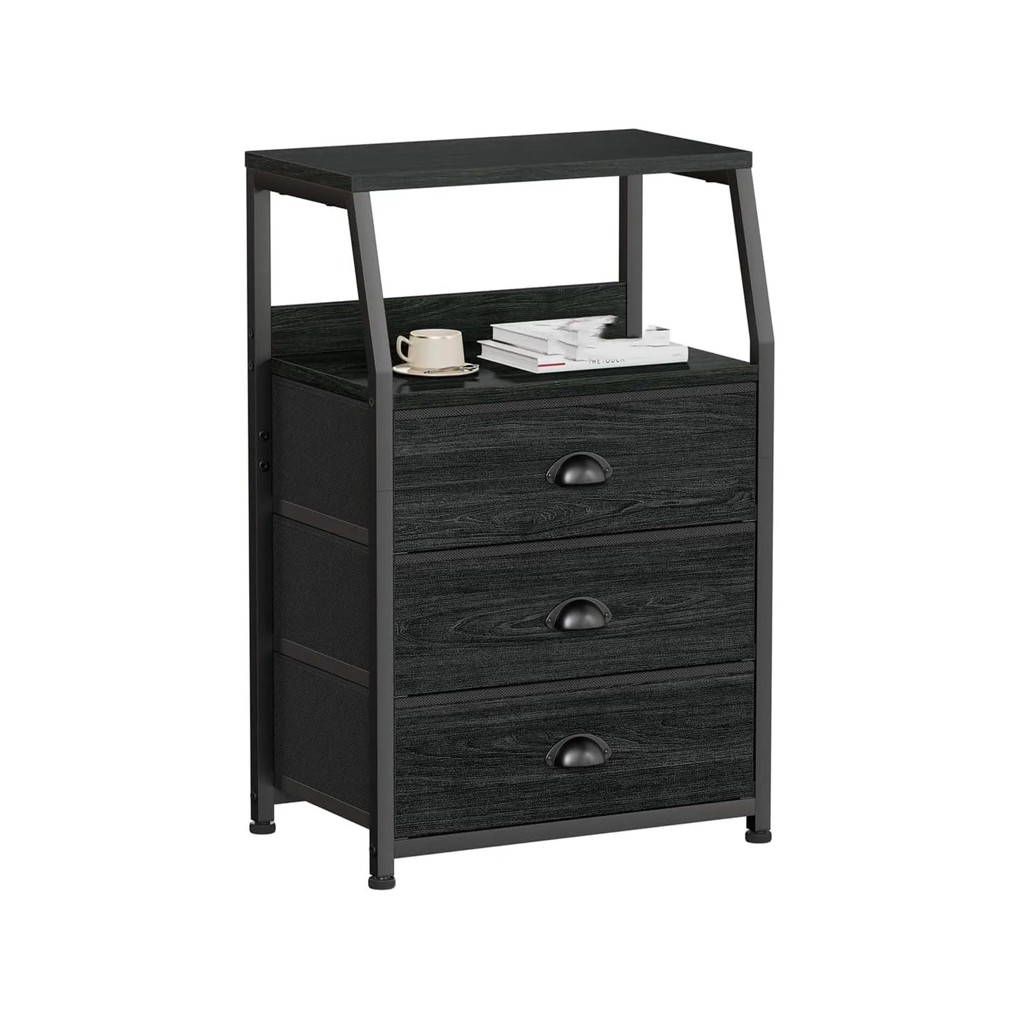Black three-drawer side table with a shelf on a white background