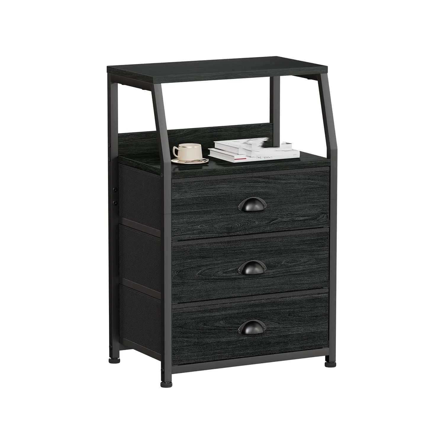 Black three-drawer side table with a shelf on a white background