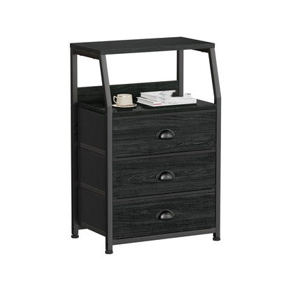 Black three-drawer side table with a shelf on a white background