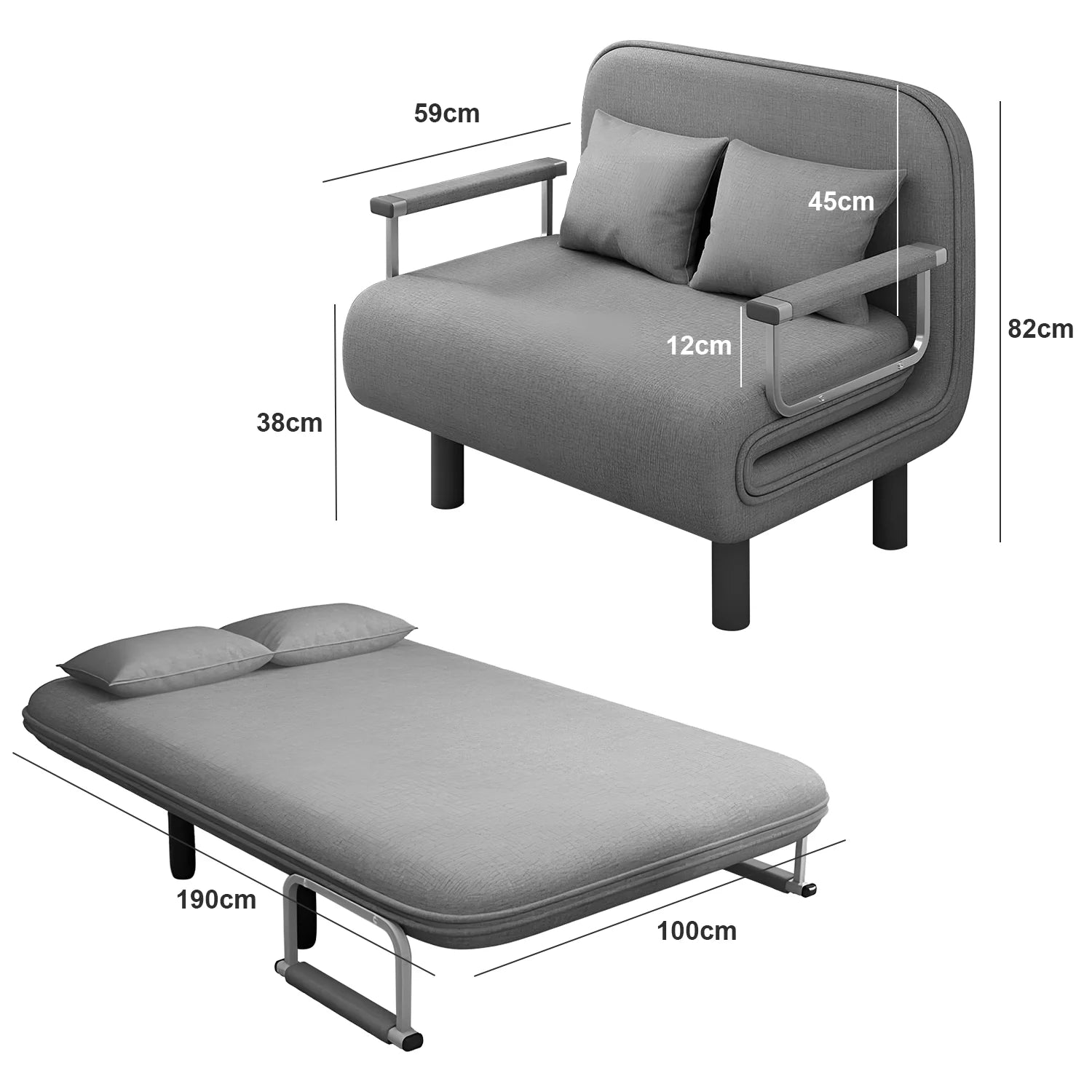 Gray sofa bed with dimensions labeled on a white background