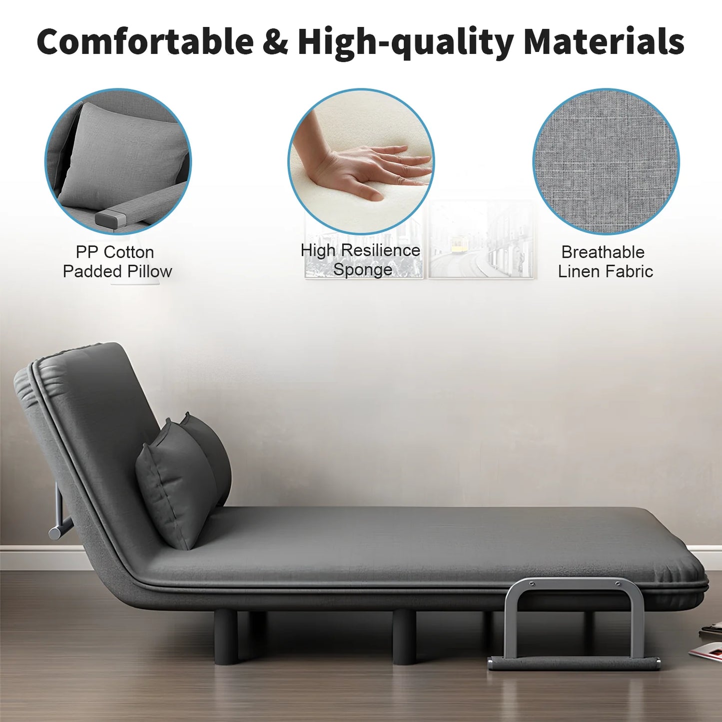 Gray sofa bed with comfort features highlighted on a white background