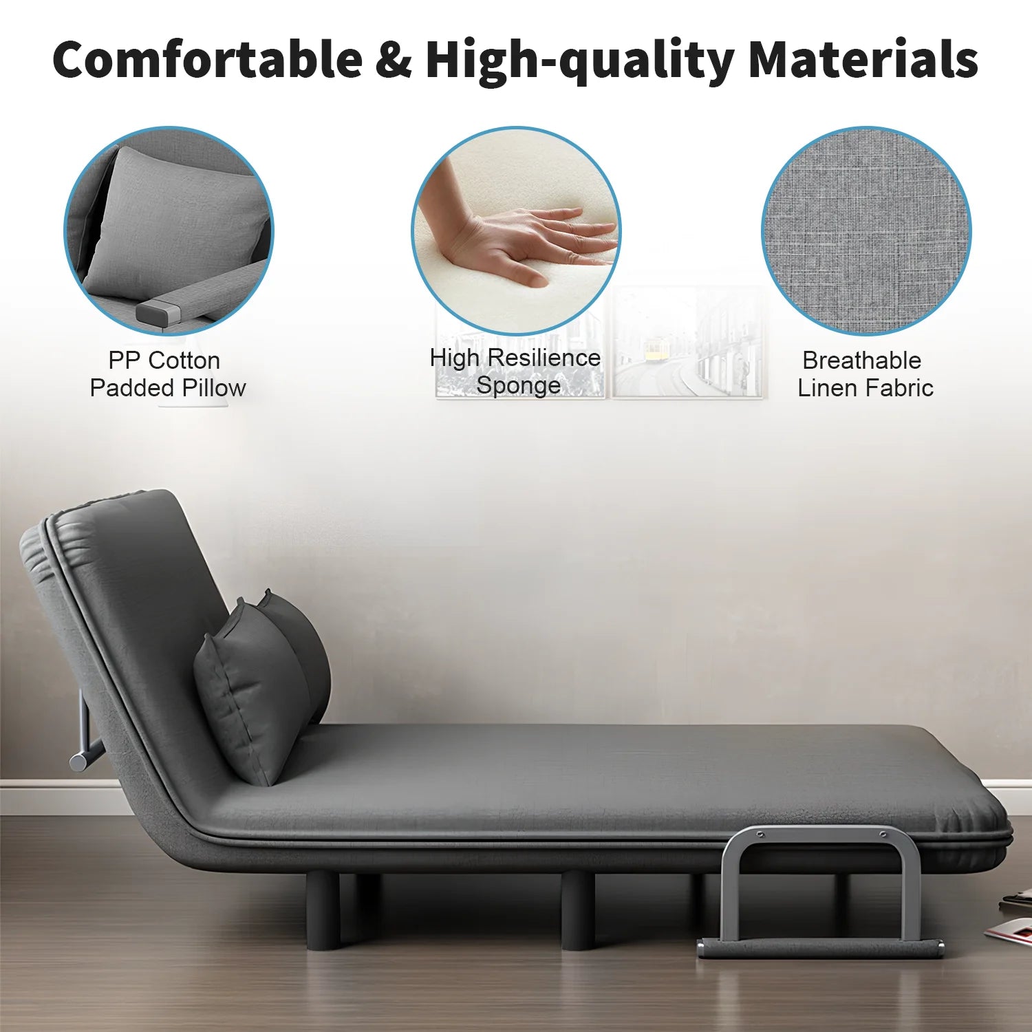 Gray sofa bed with comfort features highlighted on a white background