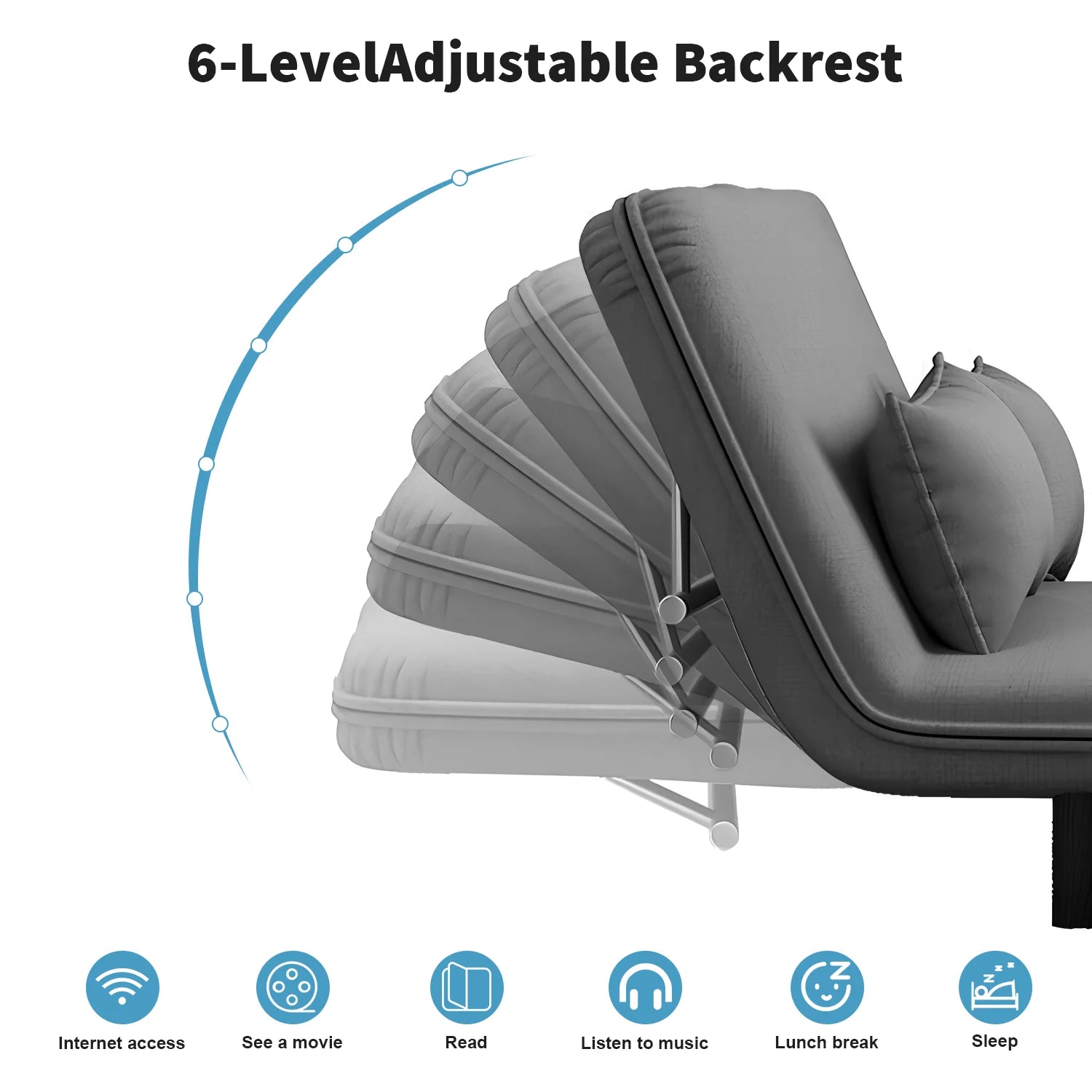 Gray massage chair with 6-level adjustable backrest and icons for various uses on a white background.