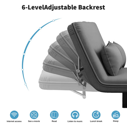 Gray massage chair with 6-level adjustable backrest and icons for various uses on a white background.