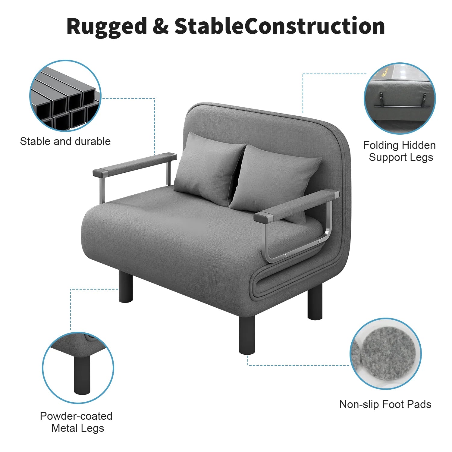 Gray armchair with features highlighted on a white background