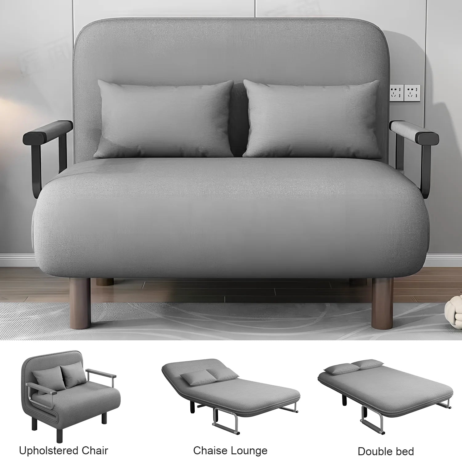 Gray sofa bed in a room setting with additional views of chair, chaise lounge, and double bed.