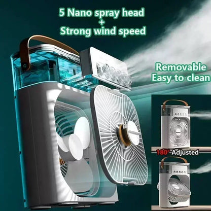 Portable fan with features highlighted on a green background