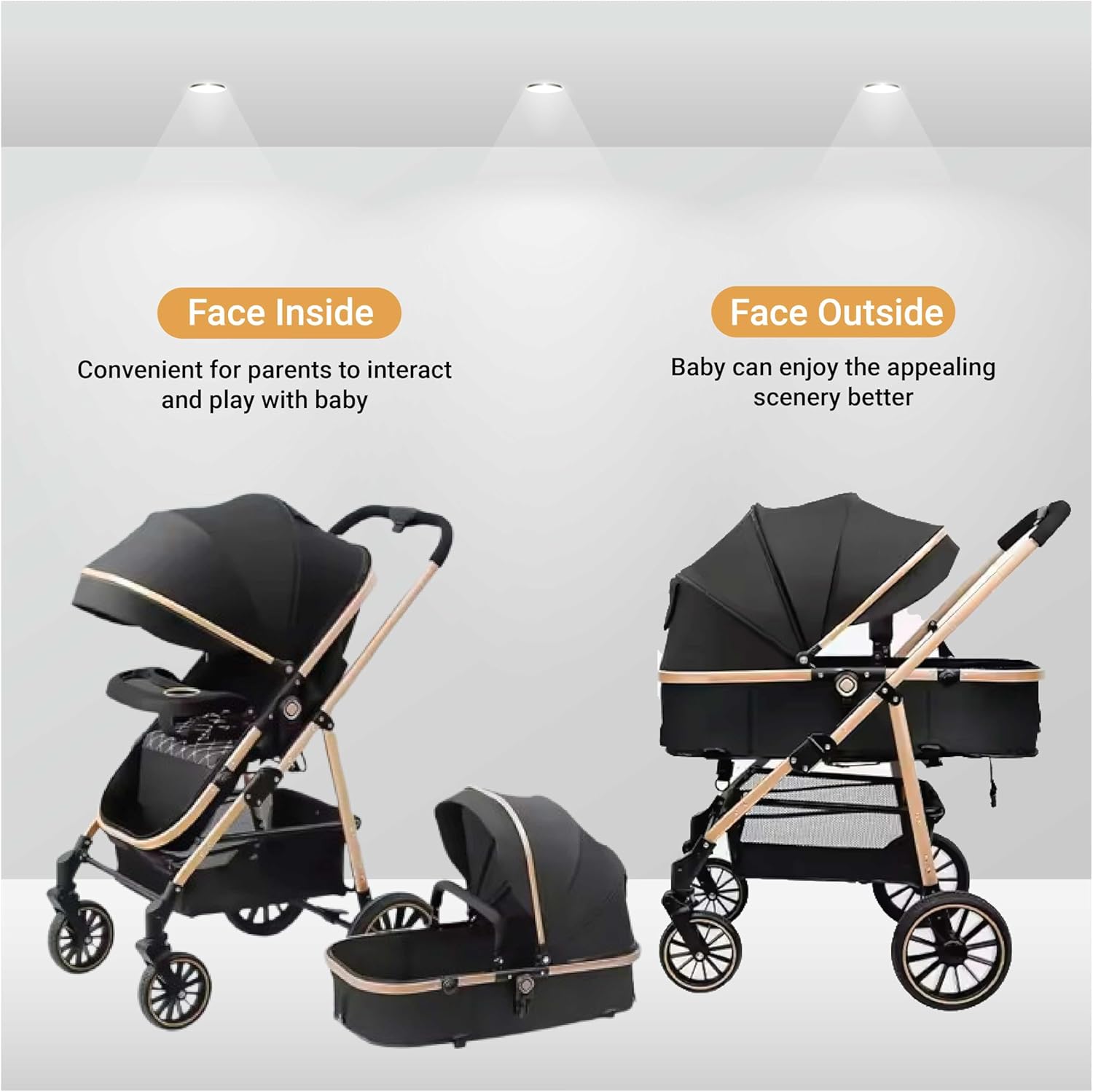 Black and beige baby stroller with two configurations on a gray background