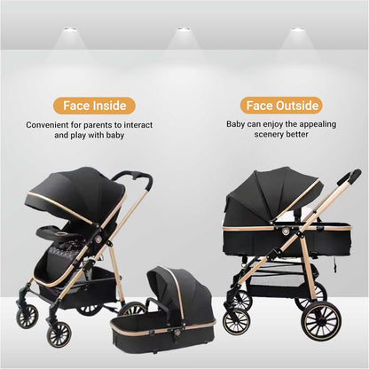 Black and beige baby stroller with two configurations on a gray background