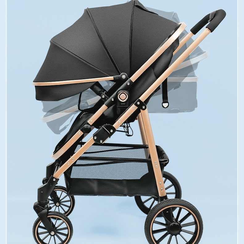 Black and beige stroller on a light blue background