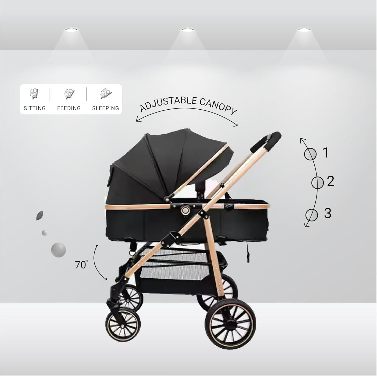 Black baby stroller with beige accents on a white background