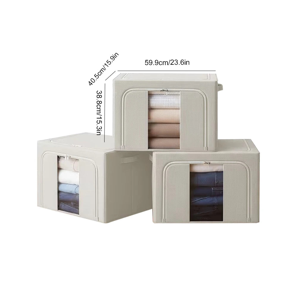 Set of beige storage cubes with visible contents and dimensions on a white background