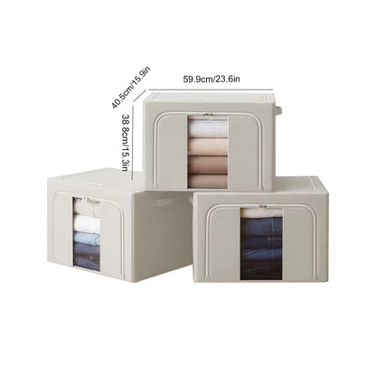Set of beige storage cubes with visible contents and dimensions on a white background