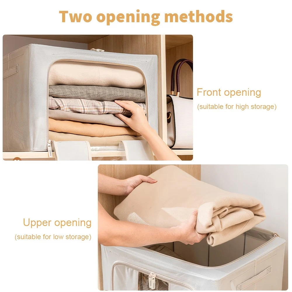 Storage bag with two opening methods shown, one for high storage and one for low storage.