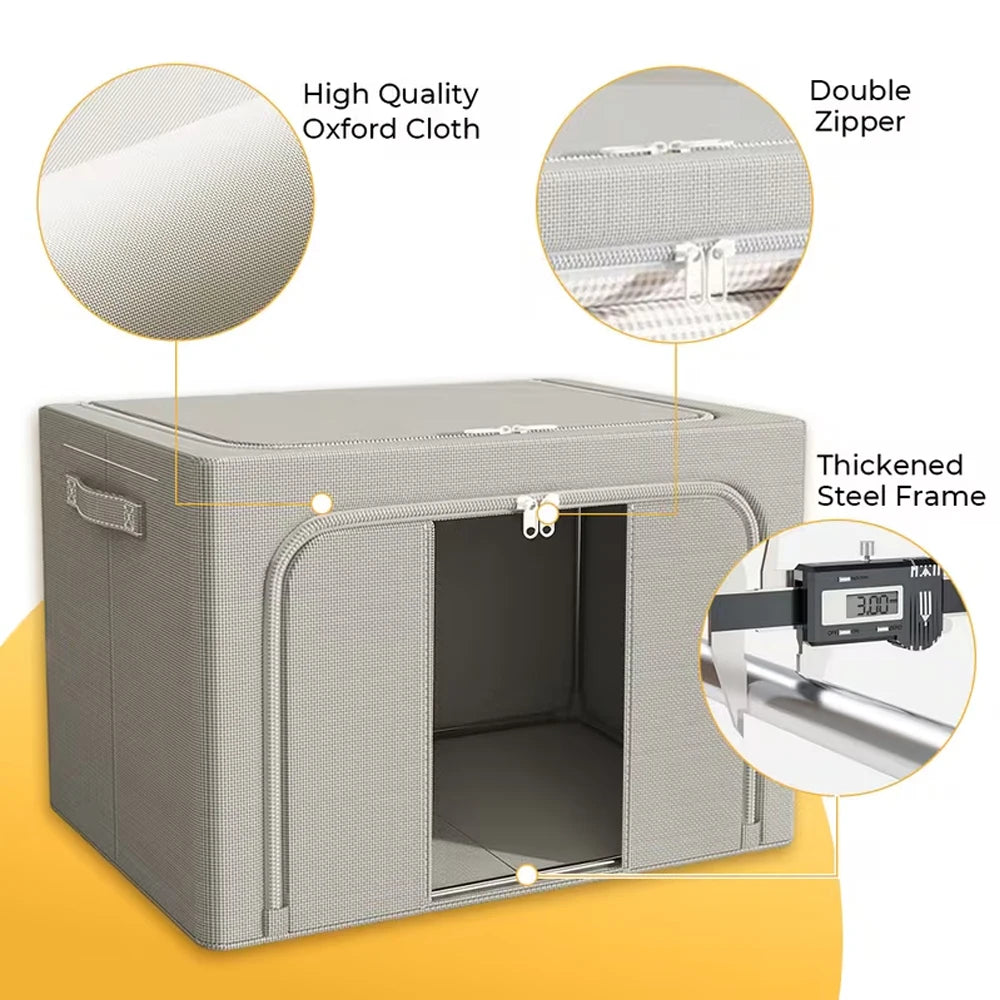 Gray pet crate with features highlighted on a yellow background