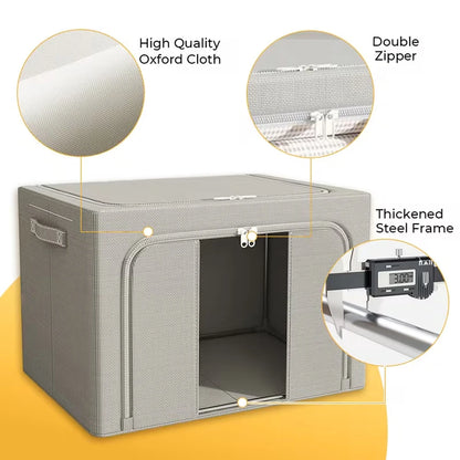 Gray pet crate with features highlighted on a yellow background