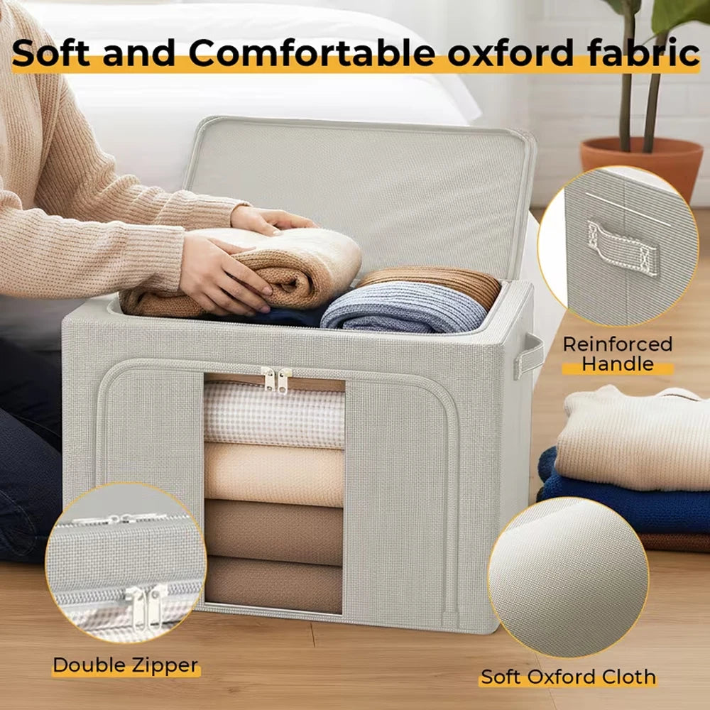Storage cube with clothes, highlighting features like soft oxford fabric and reinforced handle.