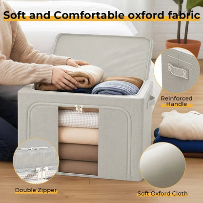 Storage cube with clothes, highlighting features like soft oxford fabric and reinforced handle.