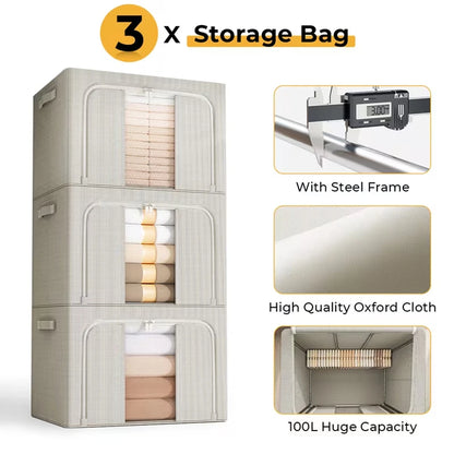 Stackable storage bag with steel frame and high-quality Oxford cloth, featuring text on capacity and material.