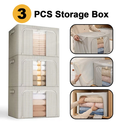Three-piece storage box set with transparent lid showing folded clothes, on a white background.