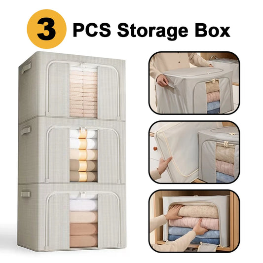 Three-piece storage box set with transparent lid showing folded clothes, on a white background.