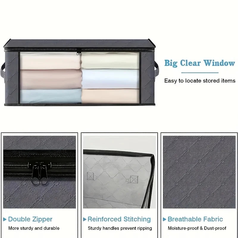 Storage bag with clear window, double zipper, reinforced stitching, and breathable fabric on a white background.