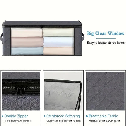 Storage bag with clear window, double zipper, reinforced stitching, and breathable fabric on a white background.